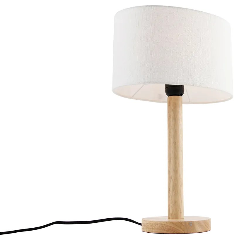 Lampa stołowa drewniana z owalnym lnianym abażurem białym 25 cm - Mels Rustykalny / Vintage Oswietlenie wewnetrzne