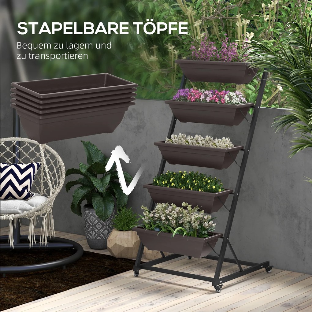 Outsunny 5-poziomowy stojak na rośliny, 145 cm wysoki kwietnik z doniczkami i kółkami, stalowy kwietnik, brązowy | Aosom PL