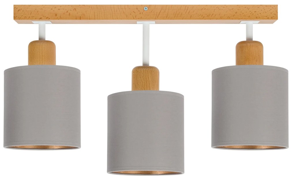 Szara lampa sufitowa, trzypunktowy spot CL-DWE50x7BU-GR z drewna E27