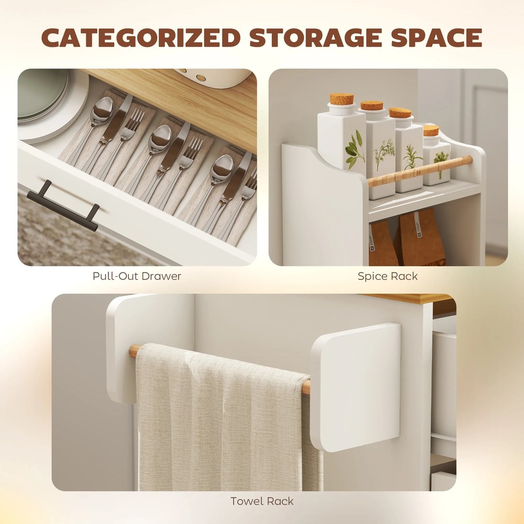 HOMCOM Wyspa kuchenna, wózek na kółkach z rozkładanym blatem, szuflada, półka, 120 x 68 x 85 cm, Biały