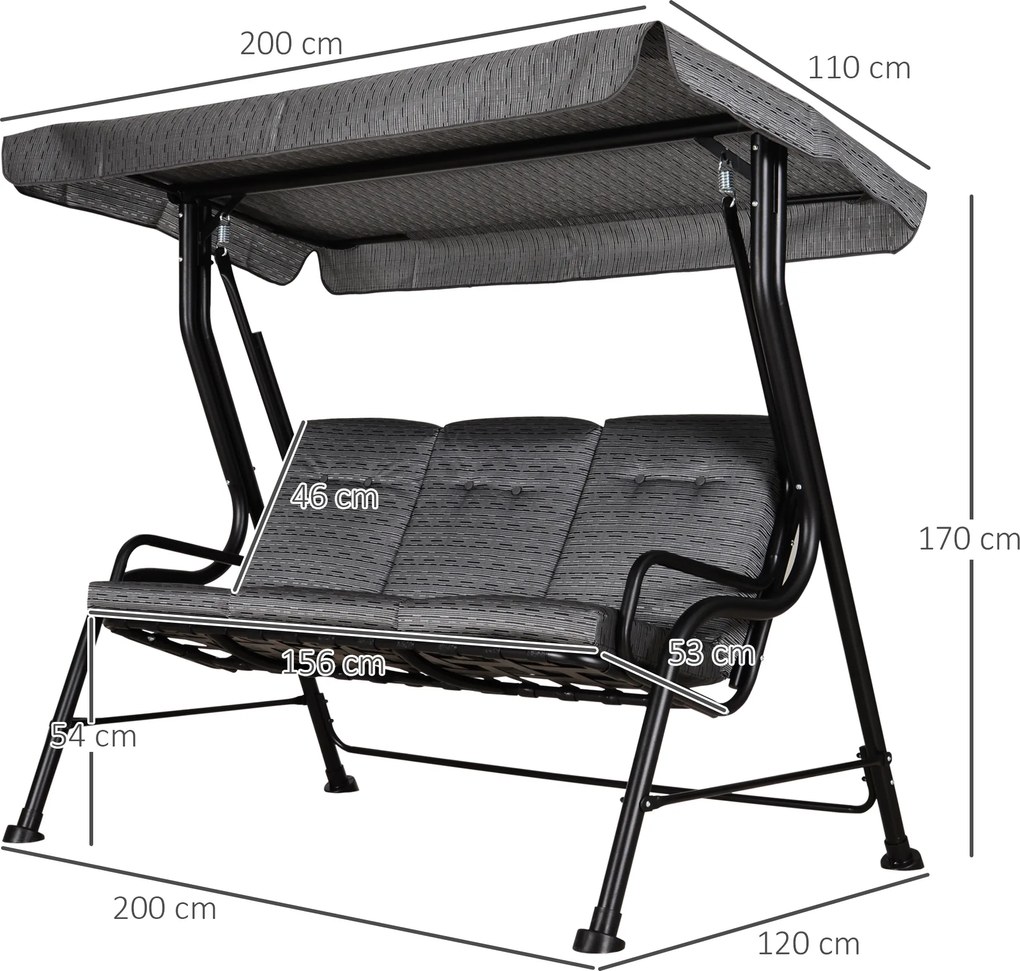 Huśtawka ogrodowa 3osobowa z regulowanym daszkiem Outsunny Komfort i ochrona przed słońcem Tekstylina | Aosom PL
