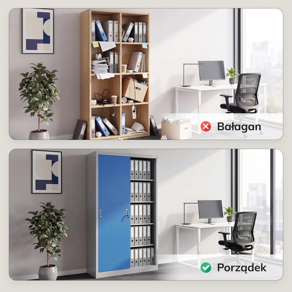 Biurowa szafa metalowa z drzwiami przesuwnymi szaro-niebieska: KUBA 900 x 1850 x 400 mm