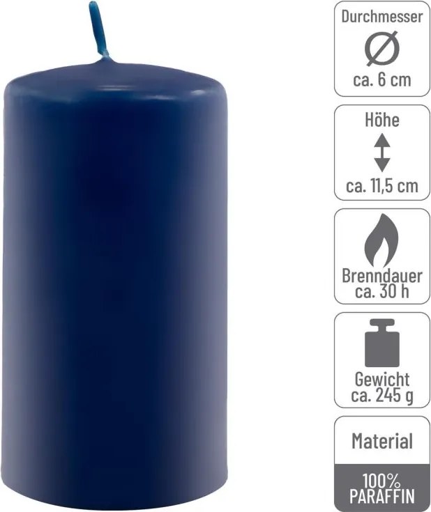 Zestaw świec filarowych, 11,5 cm, Ø 6 cm, niebieskie, 6 szt.