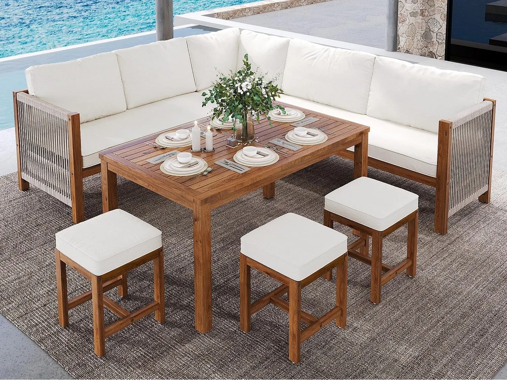 Zestaw jadalniany ogrodowy, kanapa narożna, zestaw stół i krzesła na zewnątrz dla 7-8 osób, 3 taborety i 1 stół, akacja, brązowy