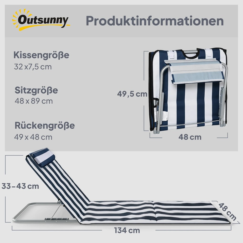 Outsunny Składany leżak plażowy z poduszką, 5-stopniowe oparcie, torba, niebieski | Aosom PL