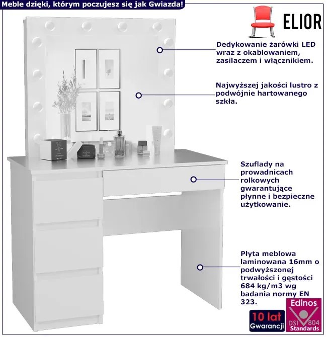 Białe biurko toaletka z szufladami i lustrem led L6-E65