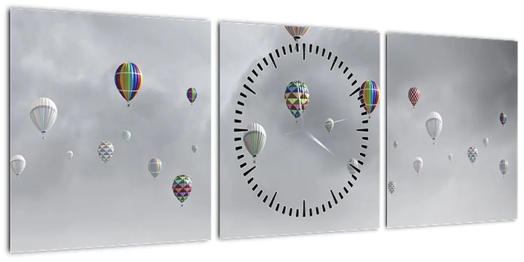 Obraz - Balony nad ceglaną ścianą (z zegarem) (90x30 cm)