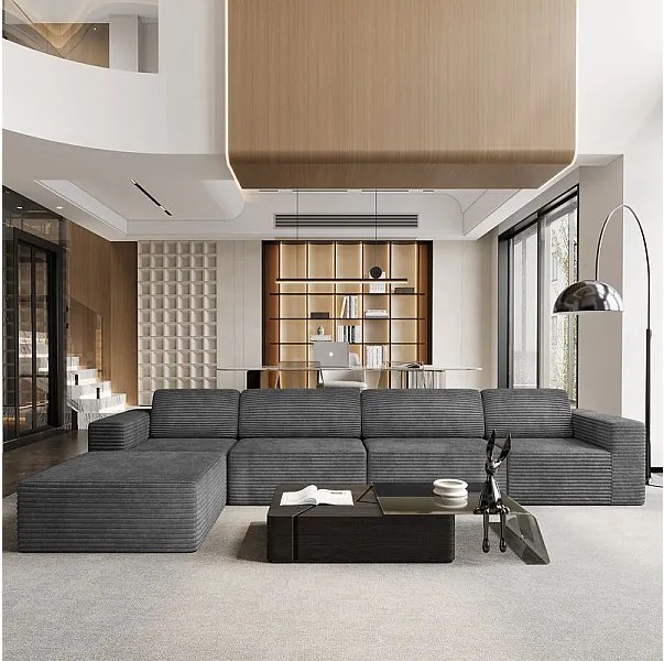 Duża Modułowa Sofa 4-osobowa w Welurze Żebrowanym, z pufą i 4 poduszkami, 404x202x82cm, Szary