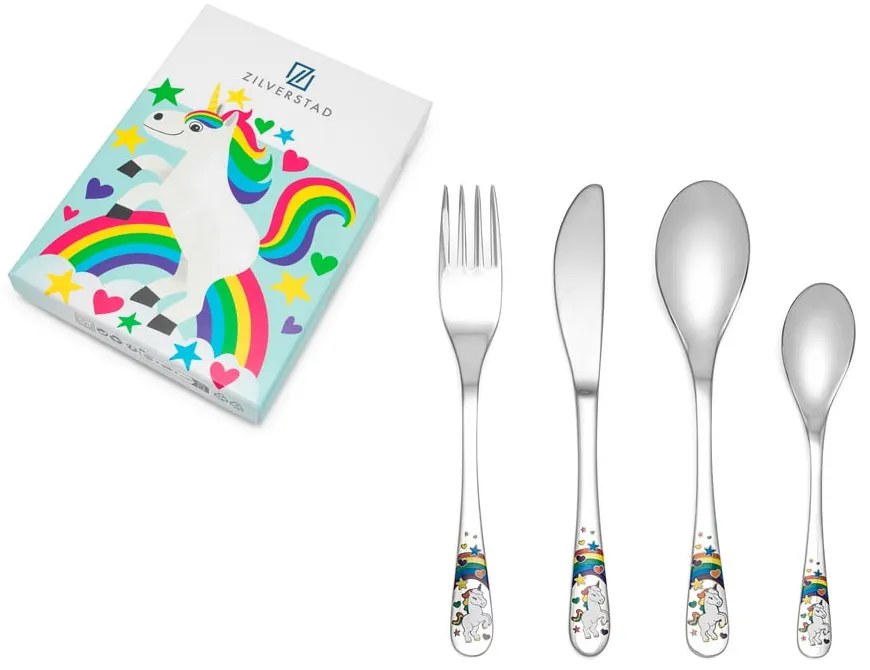 Sztućce dla dzieci ze stali nierdzewnej w kolorze srebra 4 szt. Unicorn – Zilverstad