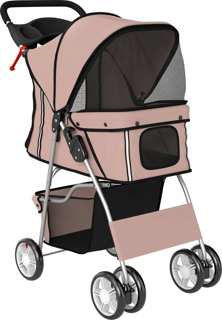 PawHut Wózek dla psa składany z odblaskami, koszem i poduszką dla małych psów do 10 kg, wymiary 77x44x102 cm, kolor kawowy | Aosom PL