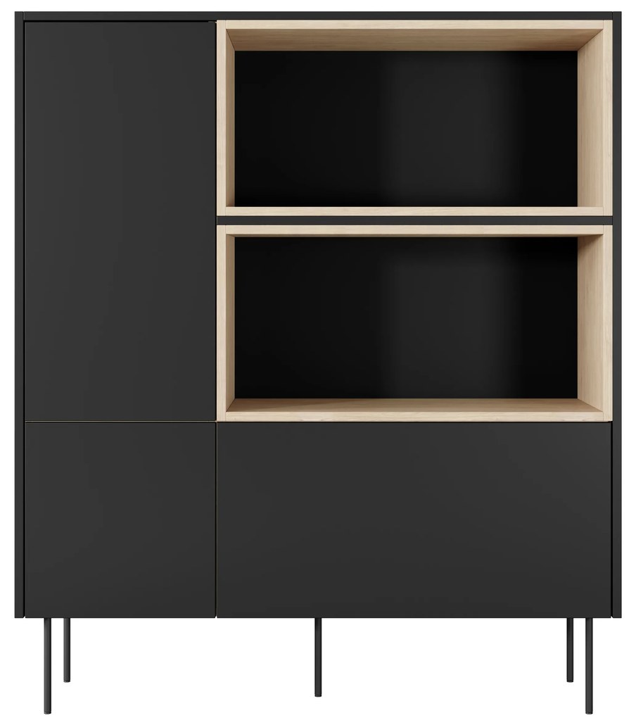 Komoda wysoka Desin 120 cm dwudrzwiowa z szufladą i wnękami - czarny mat / dąb nagano