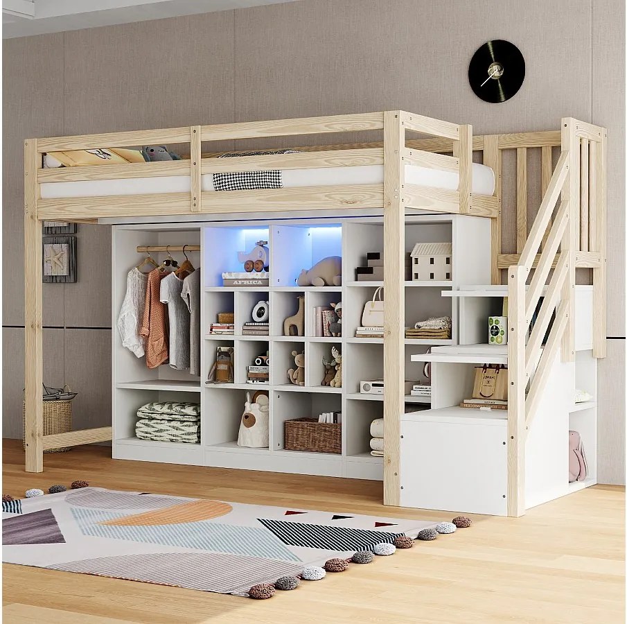 Łóżko piętrowe dla dzieci - 90 x 200 cm - z szafkami wnękowymi + garderoba + oświetlenie LED + drabinka - drewno - kolor biały + naturalny