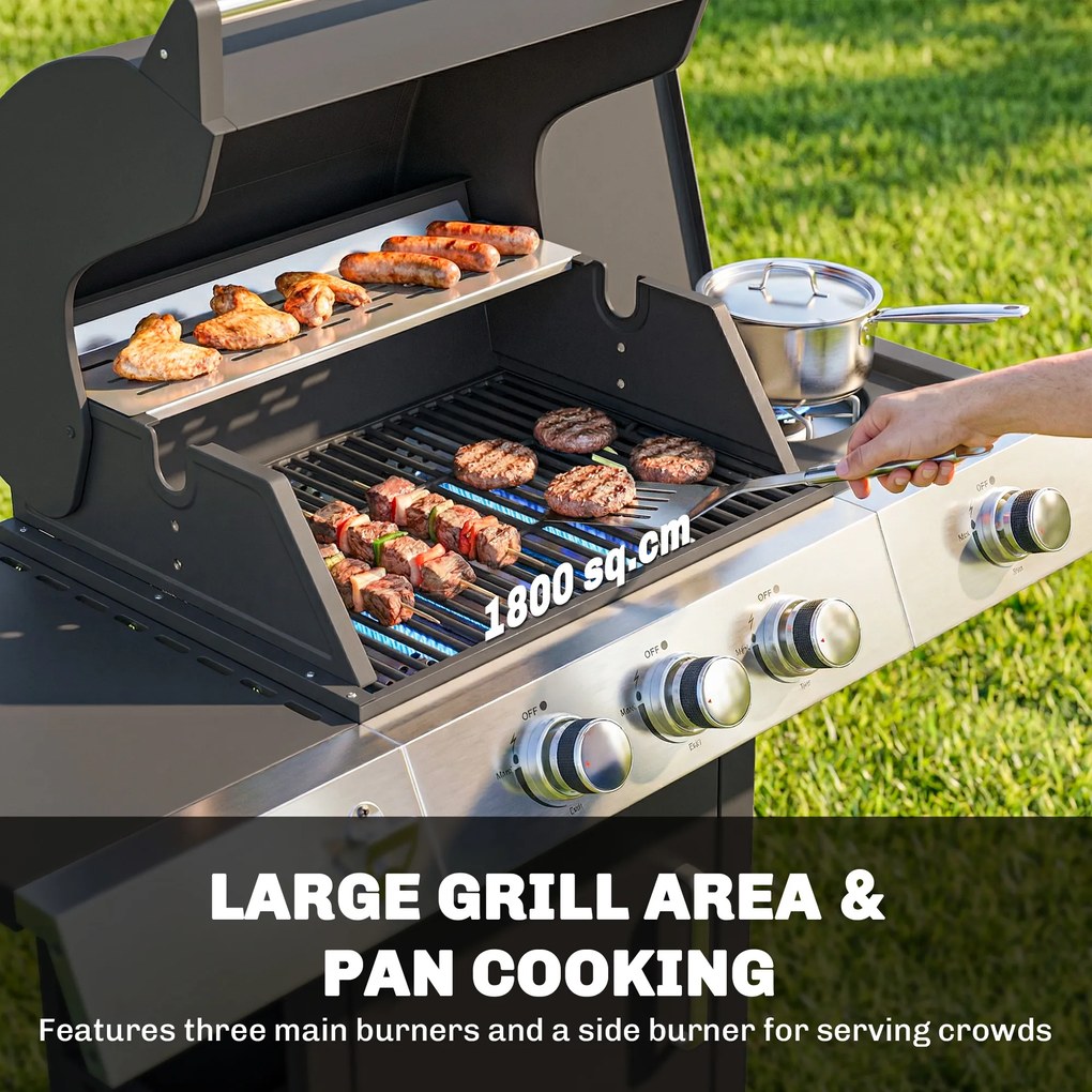 Outsunny Grill gazowy 10,5 kW 3+1 palniki BBQ wózek stal nierdzewna z bocznym palnikiem, otwieraczem do butelek i termometrem | Aosom PL