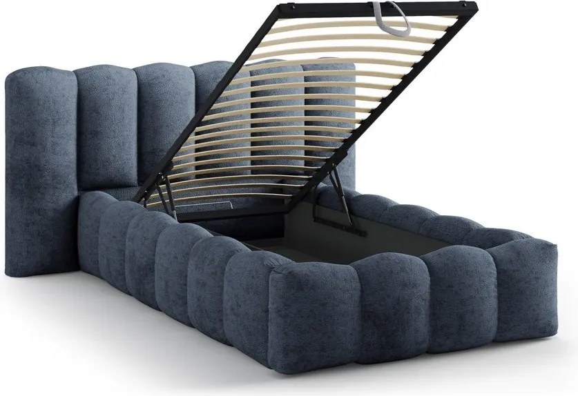 Ciemnoniebieskie tapicerowane łóżko jednoosobowe ze schowkiem i stelażem 90x200 cm Lupine – Micadoni