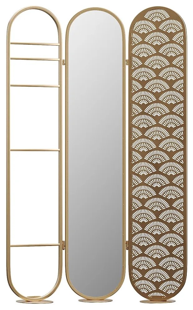 Parawan z lustrem metalowy w stylu art deco - 3-skrzydłowy - szer. 117 x wys. 175 cm - Złoty - MAVICA