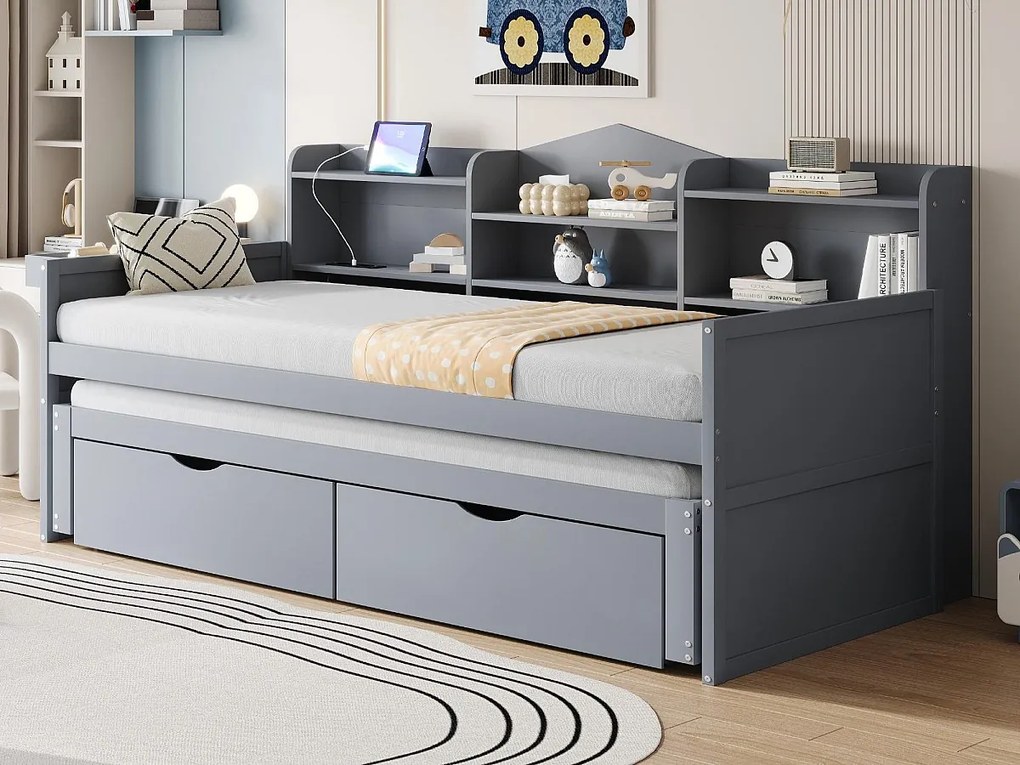 Łóżko banquette 90x200cm z drewna - z łóżkiem wysuwanym 90x190cm i 2 szufladami - z gniazdem USB - Szary