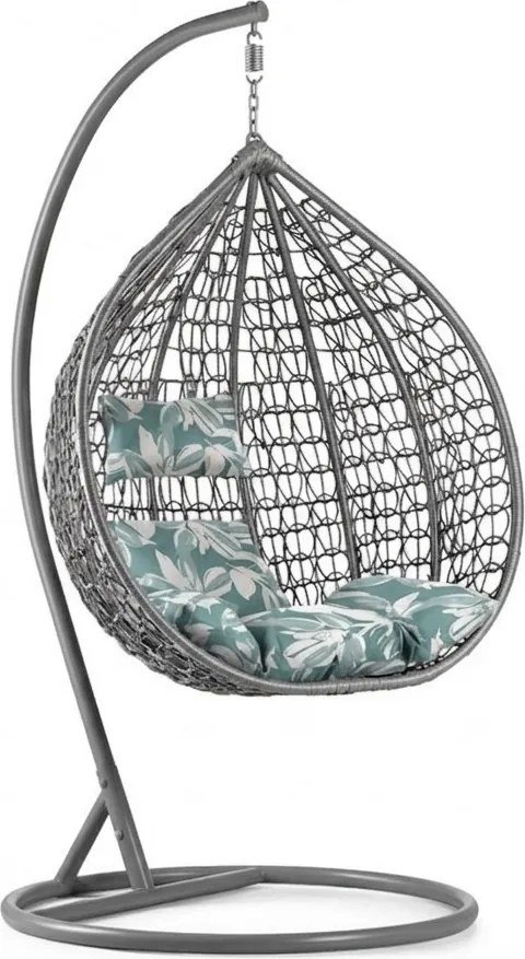 Szary wiszący fotel KOKON ze stojakiem, zielono-biała poduszka