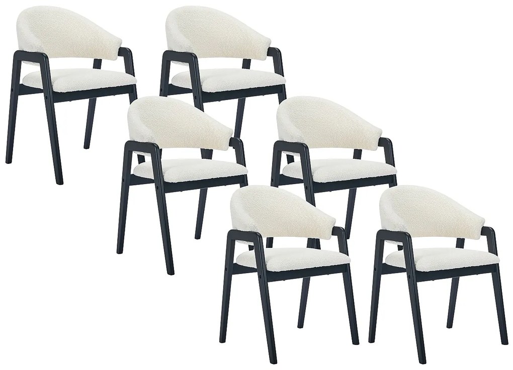 Zestaw 6 krzeseł z podłokietnikami z bukli i drewna kauczukowego - Biały i Czarny - SOLUNA