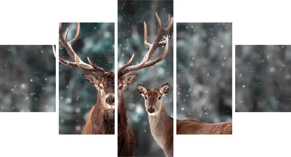 Obraz - Jeleń i łania w zaśnieżonym lesie (125x70 cm)