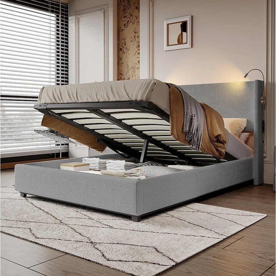 Łóżko tapicerowane 140x200cm z dnem z listew i lampkami do czytania, łóżko z pojemnikiem, łóżko podwójne, szare