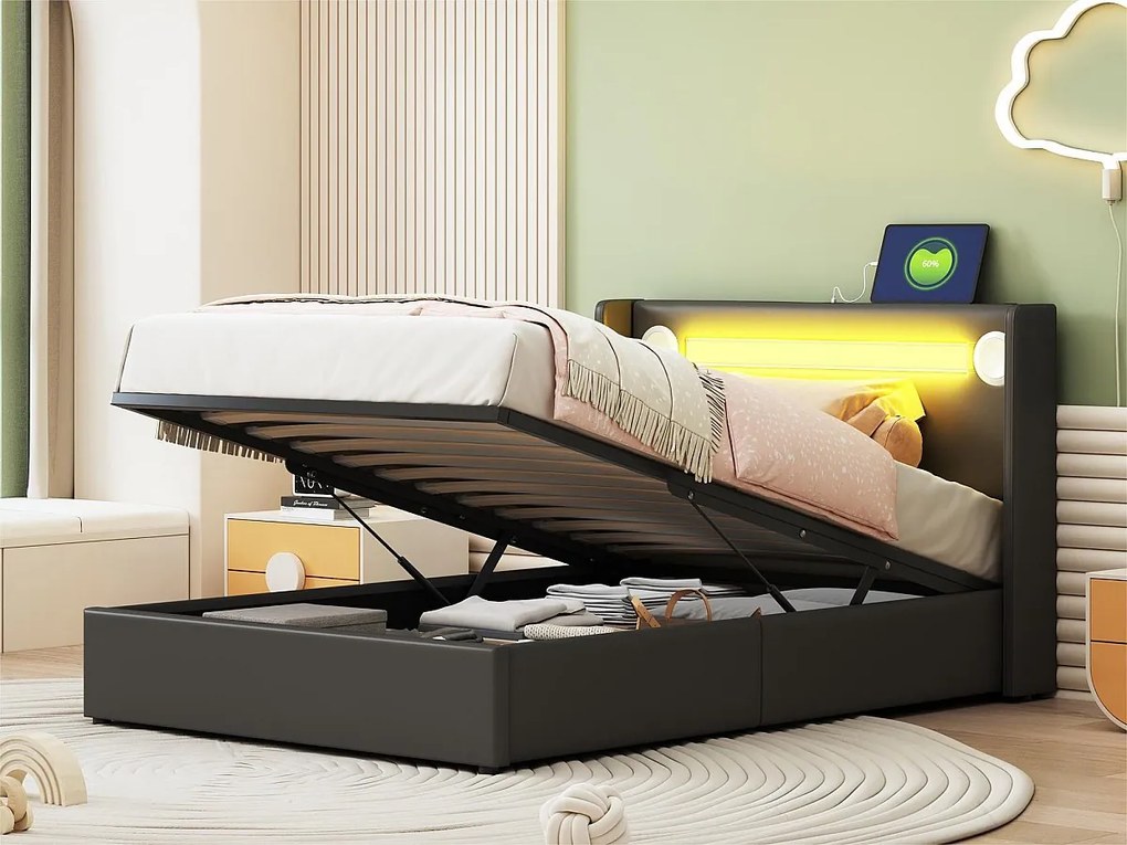 Łóżko z tapicerowanym zagłówkiem z ekoskóry 90x200cm z LED, odtwarzaczem Bluetooth i portami USB - z stelażem na listwach - Czarne