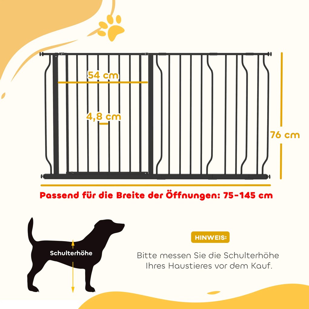 PawHut Bramka Ochronna dla Psów z Systemem Dwustronnego Otwierania, Zamocowanie Ścienne z Przyciskiem, Regulowana od 75 do 145 cm