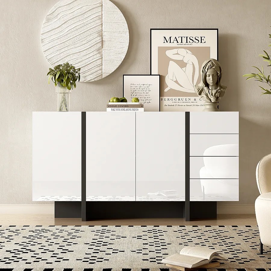 Komoda z 2 drzwiami i 3 szufladami - 150 x 40 x 80,5 cm - Płyta MDF i płyta wiórowa - Biały połysk