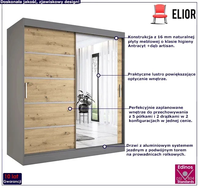 Szafa przesuwna 180 cm antracyt + dąb artisan - Marmos 5X