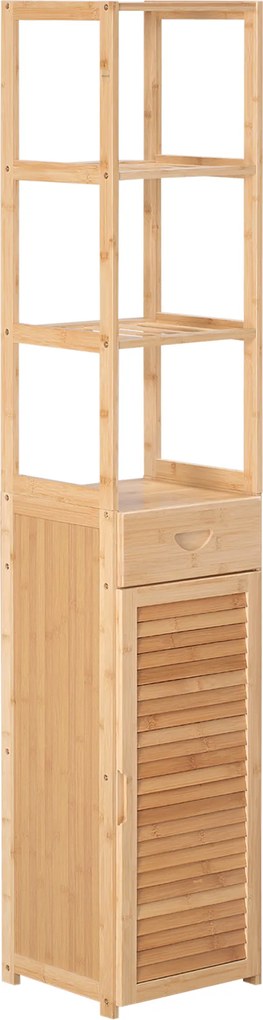 kleankin Regał łazienkowy, 3 otwarte półki, szuflada, drzwi żaluzjowe, bambus, 32 x 30 x 163 cm