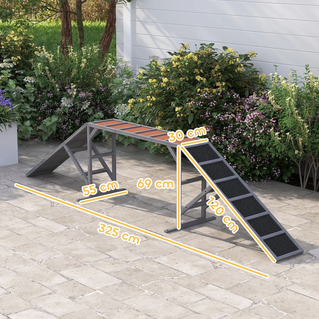 PawHut Rampa agility dla psów z listwami zabezpieczającymi, antypoślizgową powierzchnią, odporna na warunki atmosferyczne, do 40 kg, 325x55x69 cm, szara | Aosom PL