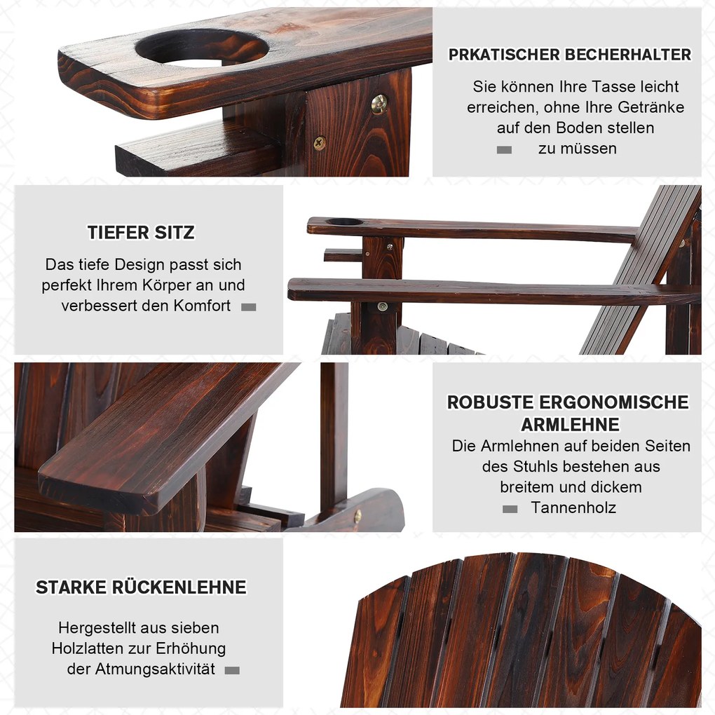 Outsunny Krzesło ogrodowe Adirondack Leżak ogrodowy Meble ogrodowe Krzesło balkonowe z litego drewna o zwęglonym wyglądzie