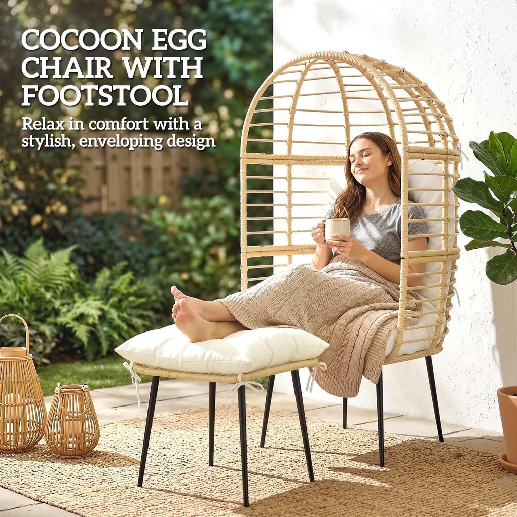 Outsunny Fotel ogrodowy z podnóżkiem, PE-rattan, w kształcie jajka, fotel koszowy z grubymi poduszkami, metalowa rama, beżowy | Aosom PL