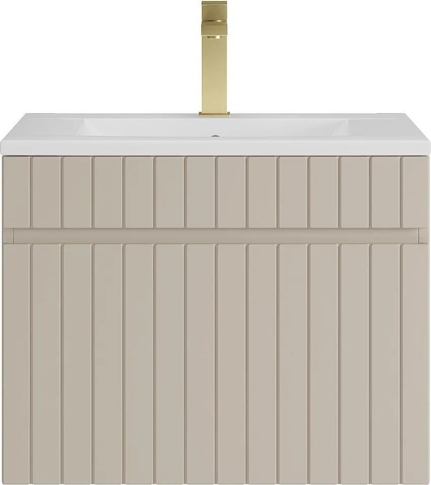 Wisząca szafka łazienkowa prążkowana beżowa z umywalką podblatową do zabudowy i baterią – 60 cm – SATARA