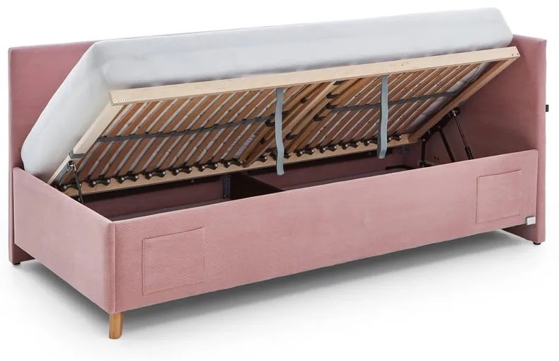 Różowe tapicerowane narożne łóżko dziecięce ze schowkiem ze stelażem 90x200 cm Cool – Meise Möbel