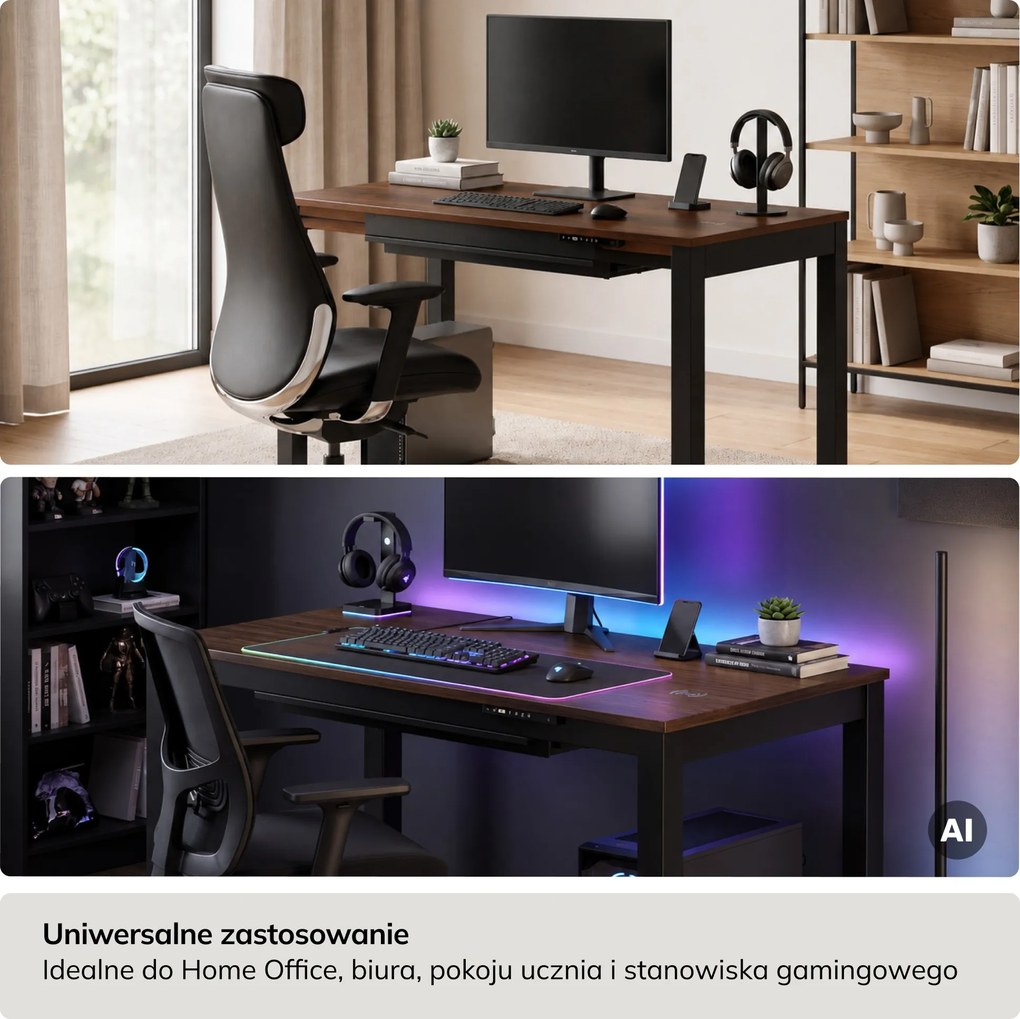 Biurko regulowane elektrycznie podnoszone czarne/orzech, 120x63 cm: EVAN