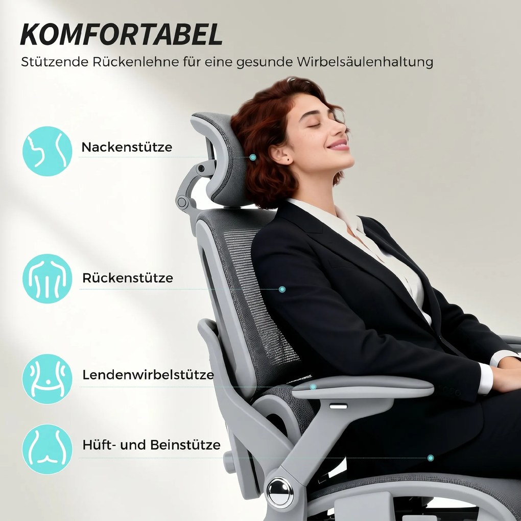 HOMCOM Ergonomiczny fotel biurowy, fotel komputerowy z siatki z oddzielnym oparciem, podparcie lędźwiowe, 4D składane podłokietniki, Szary | Aosom PL