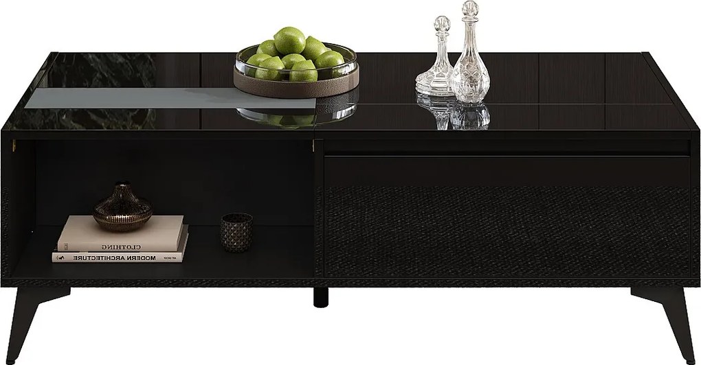 Stolik kawowy z podnoszonym blatem, błyszczący, 110 x 50 x 48 cm, z półką i drzwiczkami, płyta wiórowa, czarny
