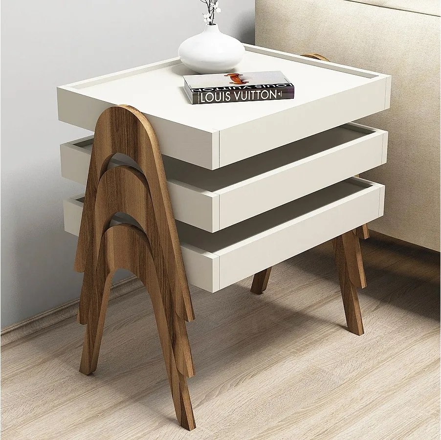 Zestaw 3 sztuk stolików bocznych YANA do układania w stos z naturalnego drewna i kremowej bieli, nowoczesny design, 53,6x40x41 cm