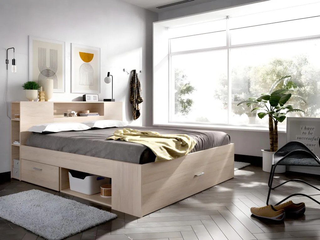 Łóżko- z zagłówkiem, miejscem do przechowywania i szufladami – 140 × 190 cm – kolor: naturalny i biały z szafkami nocnymi - LEANDRE