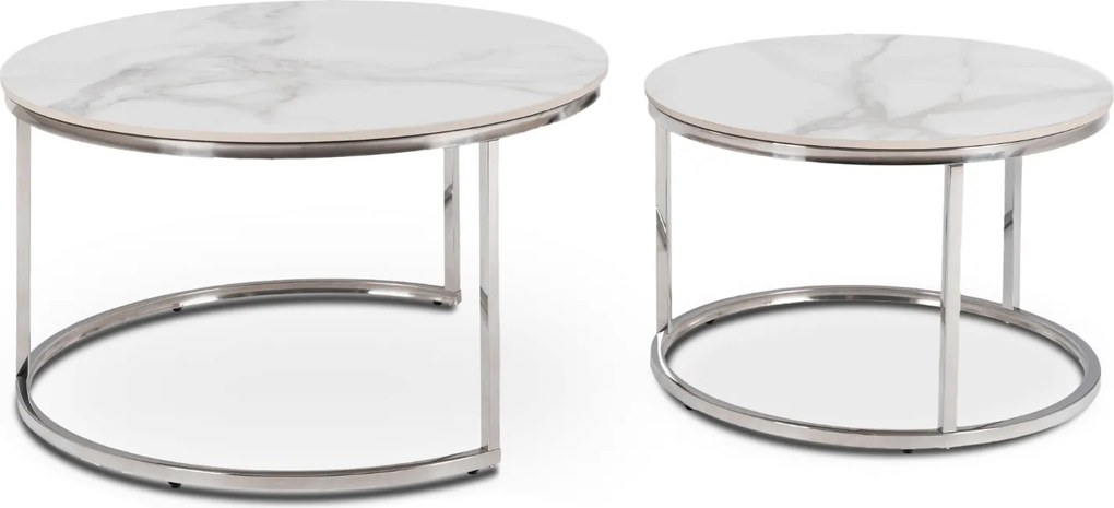 Zestaw Stolików Kawowych AMARA MAX 60 cm/80 cm Biały Marmur/Srebrny Glamour