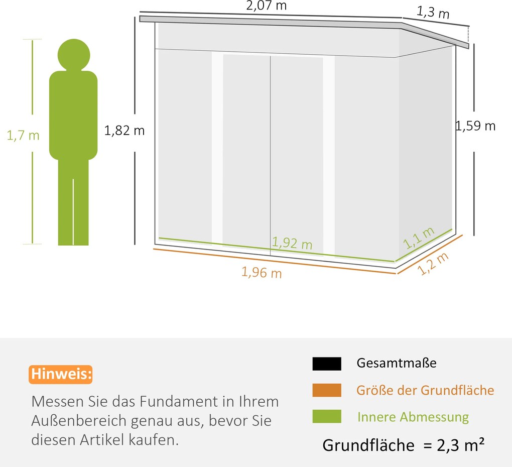Outsunny Metalowy Schowek 2,3 m² 207 x 130 x 182 cm z Dachem Pultowym Oknem Fundamentem Drzwi Przesuwnymi Zielony