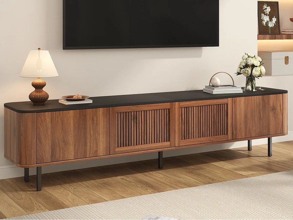 Nowoczesne meble TV 190x35x45 cm - 4 drzwi żaluzjowe - zaokrąglone krawędzie - nogi żelazne - MDF - brązowy