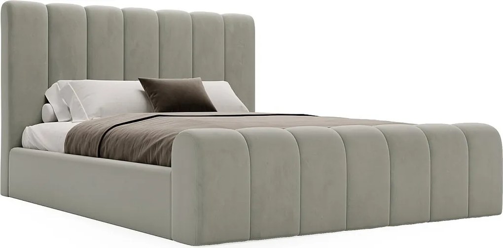 Emporius Valetta łóżko tapicerowane 160x200 - wyoski przód, pojemnik, tkanina aksamitna - łóżko sypialniane w nowoczesnym stylu - jasny szary (Amor Velvet 4318)
