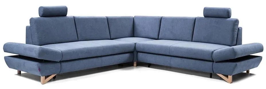 Rozkładany narożnik tapicerowany z pojemnikiem na pościel w układzie L AVESTA niebieski