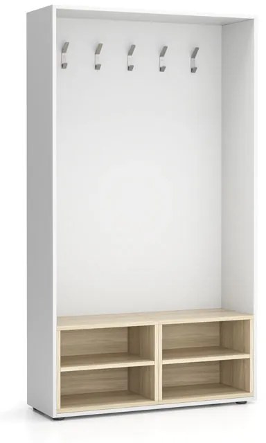 Wieszak ścienny BORDER z półką na buty, 5 haczyków, biała/naturalny dąb