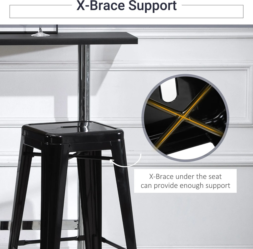 HOMCOM Zestaw 4 Stołków Barowych z Metalu, Do Użytku Wewnętrznego i Zewnętrznego, Składana Konstrukcja, Czarny