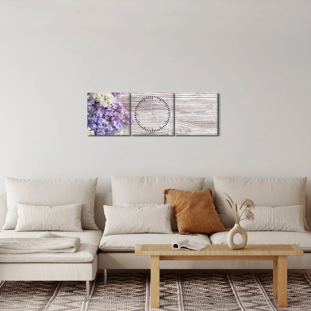 Obraz bzu na drewnie (z zegarem) (90x30 cm)