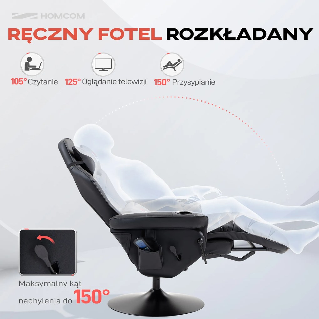 HOMCOM Fotel Gamingowy z Masażem, Regulowane Oparcie, Podnóżek, do 120 kg, Stelaż Stalowy, Sztuczna Skóra, Czarny | Aosom PL