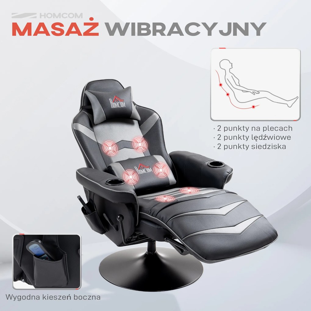 HOMCOM Fotel do gier z funkcją masażu, regulowane oparcie, podnóżek, do 120 kg, konstrukcja stalowa, Skóra Ekologiczna, Szary