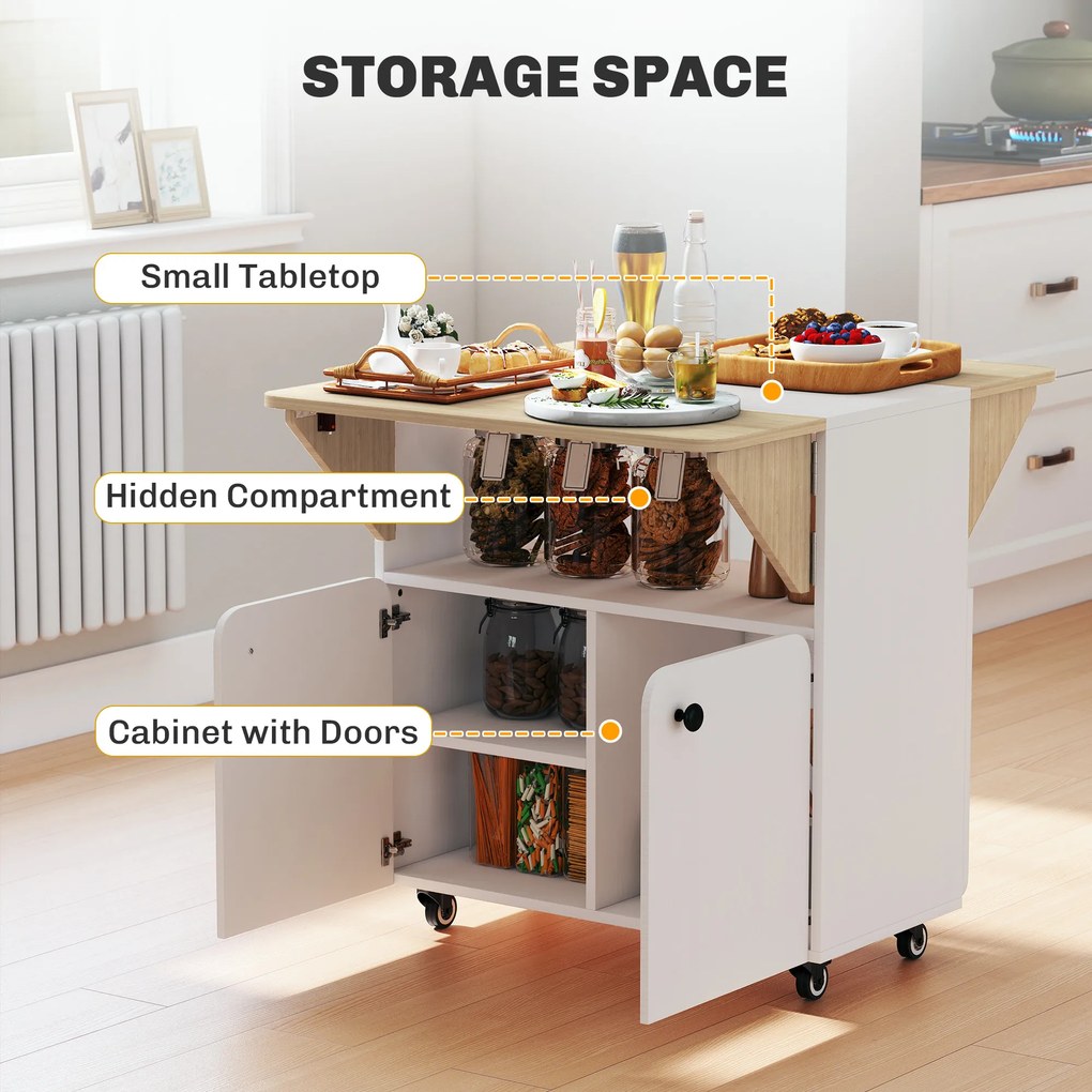 HOMCOM Składany Stół z Rolą, dwa składane boki, półka, 4 koła, Biały+Naturalne drewno, 70 x 83 x 75 cm